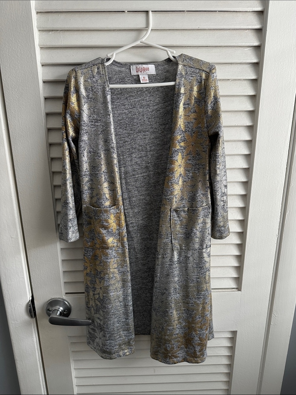 Lularoe girls cardigan size 6 gold silver gray